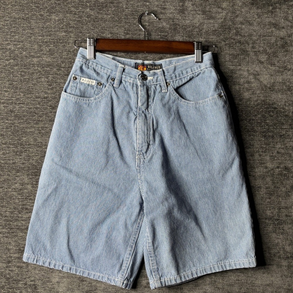 Vintage Y2K Route 66 Hickory Stripe Denim Shorts Relaxed Fit Blue White Size S